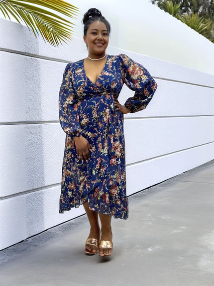 Floral Print V-neck Long Sleeve Midi Dress