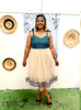 Layered tulle midi dress with zigzag bodice, cream tulle skirt with blue edge