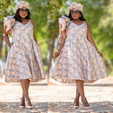 Floral A-line dress with ruffle puff sleeves, light blue with pastel flower print