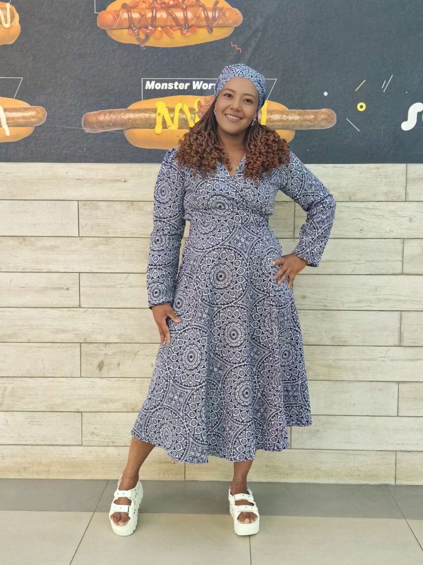 Symmetrical Circular Pattern V-Neck Wrap Dress