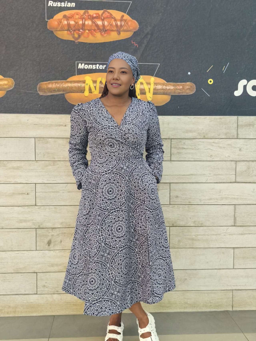 Symmetrical Circular Pattern V-Neck Wrap Dress