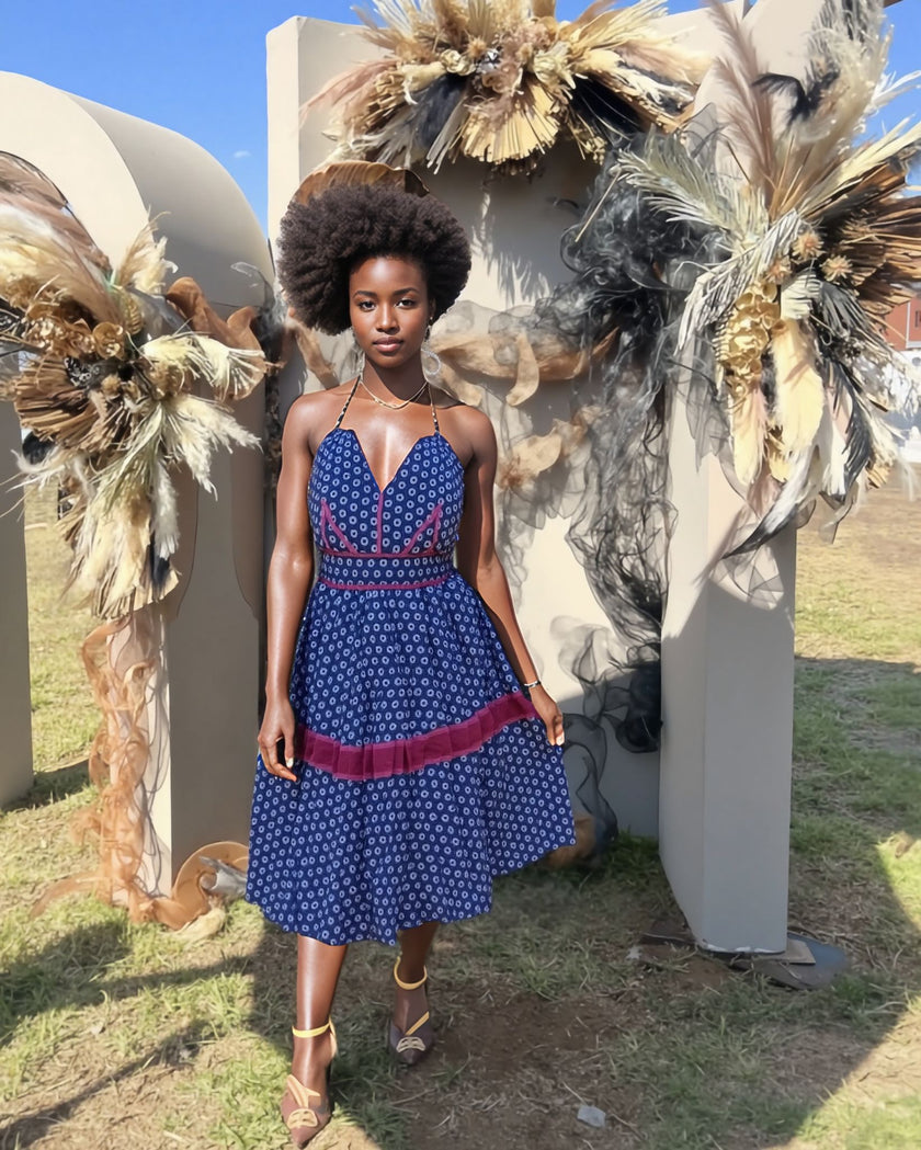 Women's Halter Flare Dress – Geometric Print,