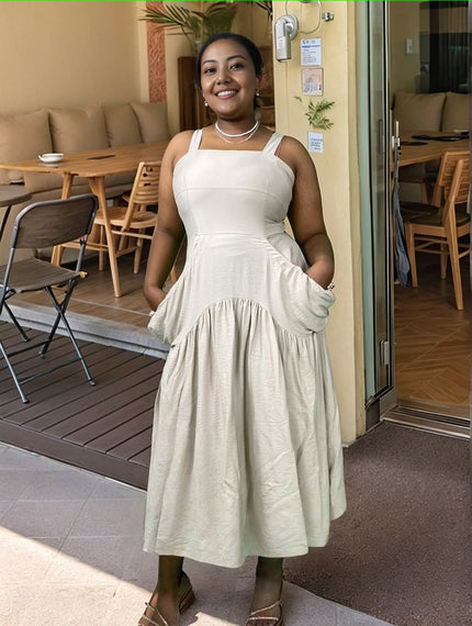 Sleeveless midi dress, cream with square neckline, tiered skirt and gathered waist
