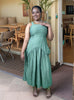 Sleeveless midi dress in teal green, scoop neckline, tiered skirt and gathered waist