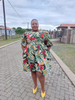 Tropical Flora & Fauna Print Knee-Length Dress with Puff Sleeves