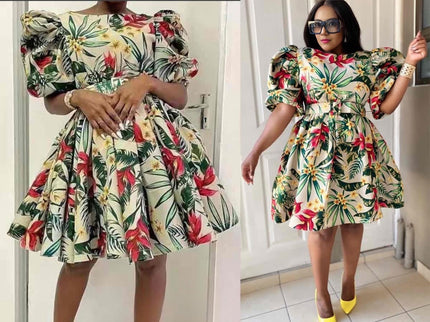 Plus size tropical puff-sleeve dress with leaf and rose print, cream, flared skirt