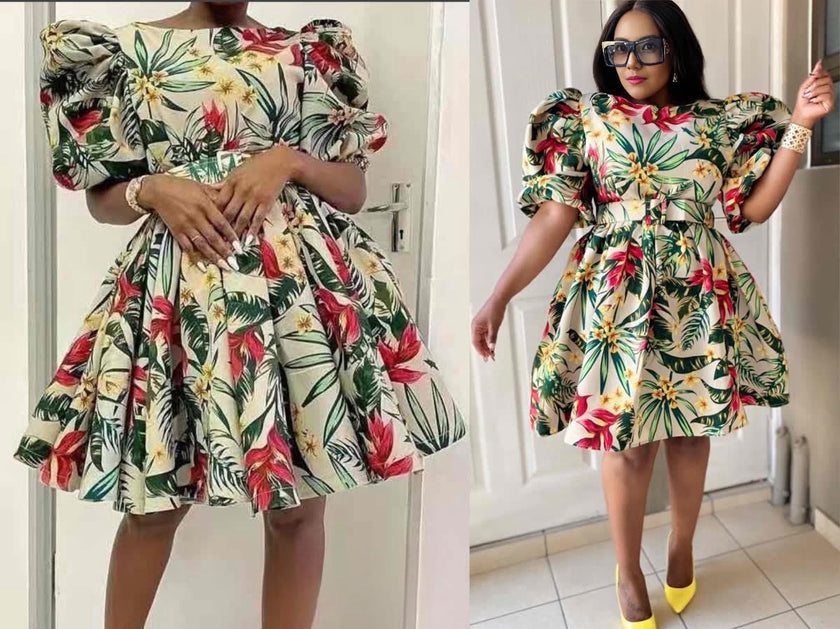 Plus size tropical puff-sleeve dress with leaf and rose print, cream, flared skirt