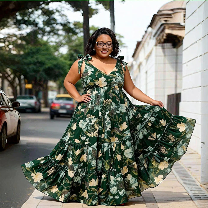 Dark green floral maxi dress with bow tie shoulder straps and gathered A-line skirt