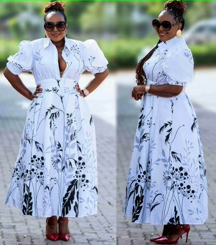 White botanical maxi dress with puff sleeves, V-neck, and button-front detail