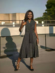 Black Striped Sleeveless Cross-Neck A-Line Dress