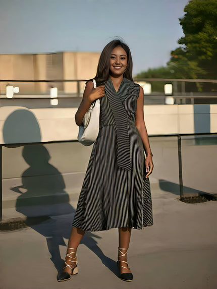 Black striped A-line midi dress with cross-neck and short sleeves