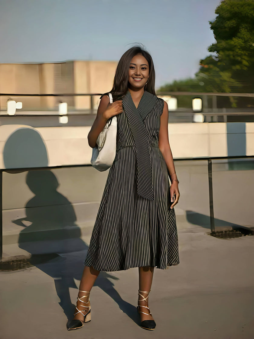 Black striped A-line midi dress with cross-neck and short sleeves
