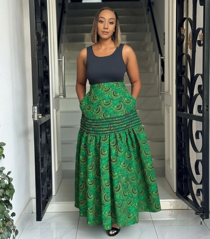 High-Waist Patterned Skirt + Sleeveless Top Set｜Ethnic Motif Design