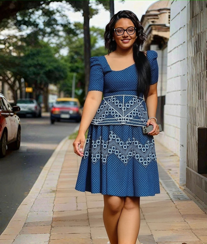 Dark blue geometric midi dress with square neckline and short puff sleeves