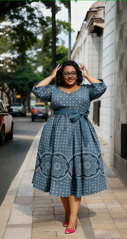 Blue midi A-line dress with V-neck print, tied waist belt, 3/4 sleeves; hands up