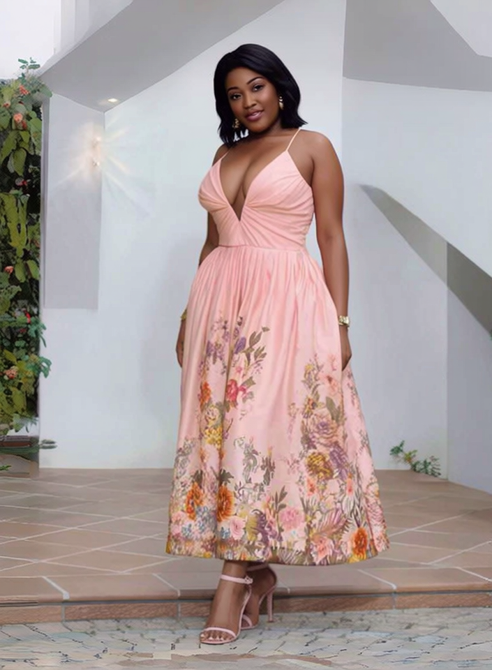 Pink floral midi evening dress with deep V neckline and spaghetti straps