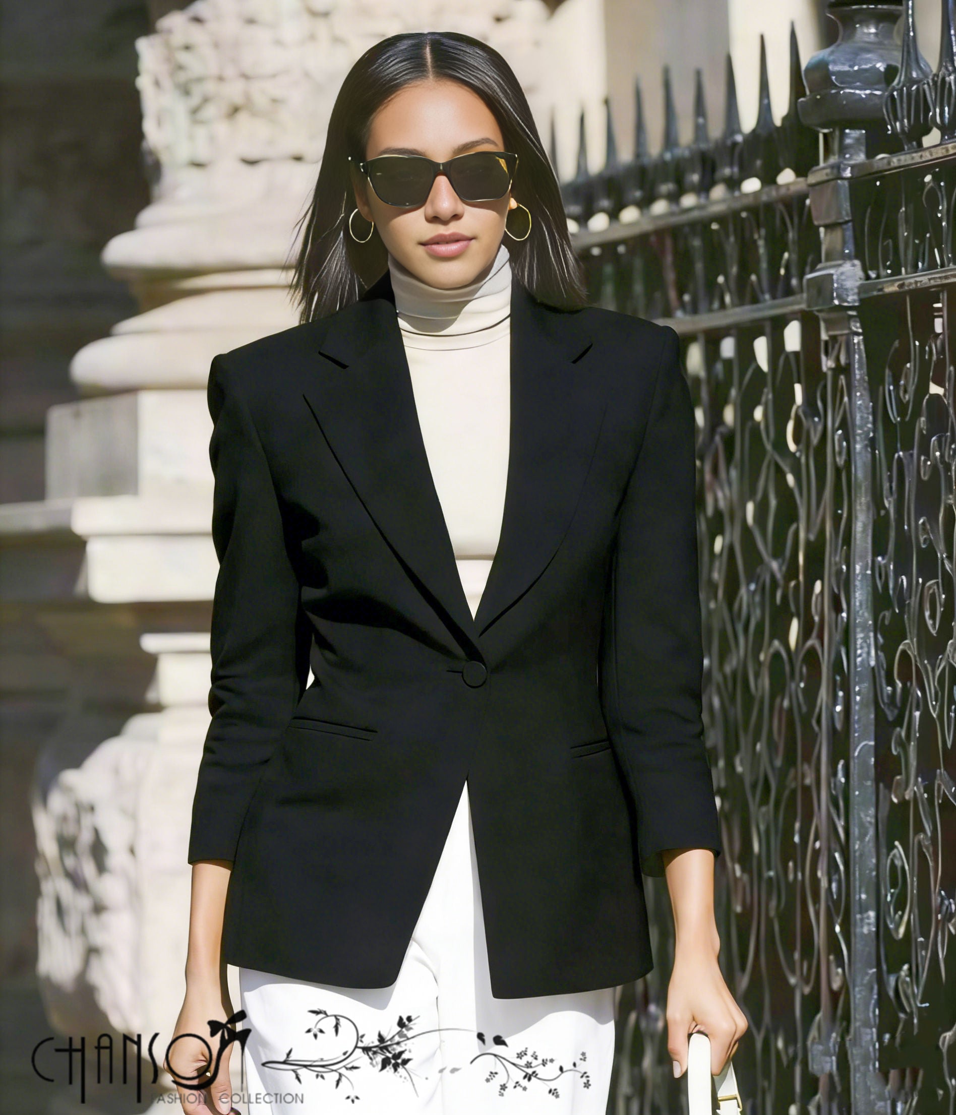 Black slim-fit tailored blazer jacket with notch lapels and button front