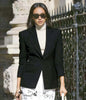 Black slim-fit tailored blazer jacket with notch lapels and button front