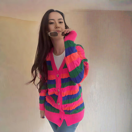 Striped knit cardigan with V-neck and button front, multicolor rainbow bands
