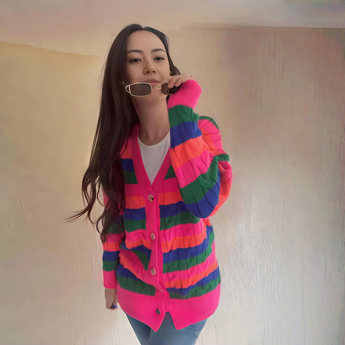 Striped knit cardigan with V-neck and button front, multicolor rainbow bands