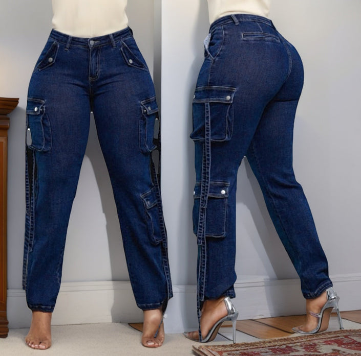 Dark blue high-waist slim jeans with multi cargo pockets and button details