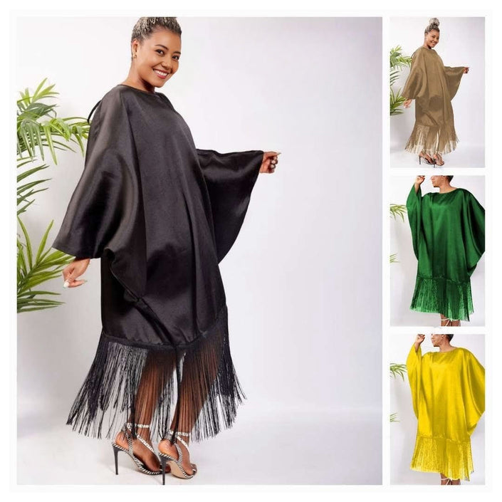 Loose fringe dress with batwing sleeves, drop-shoulder style, long tassel hem