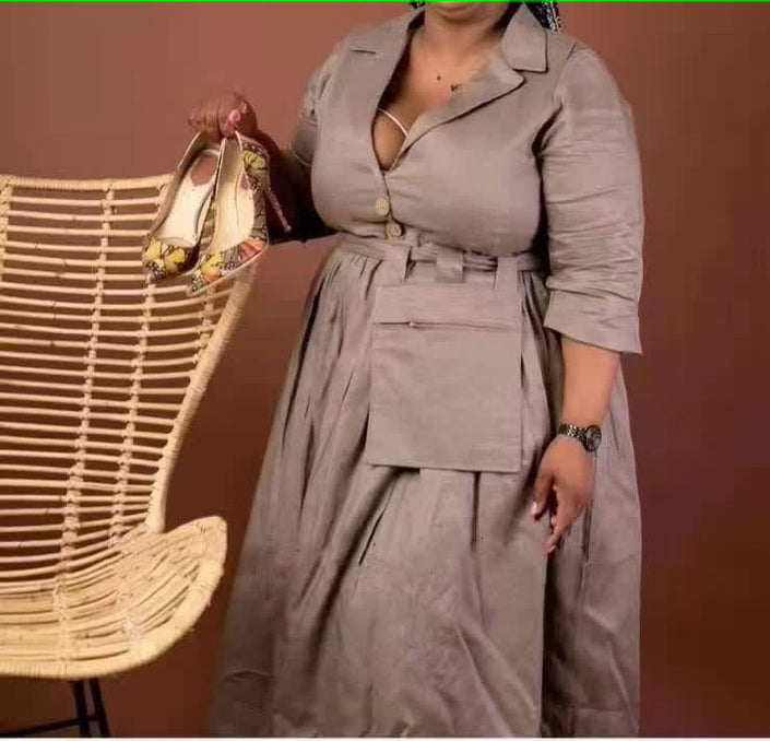 Mocha belted midi dress with collar, button front, and tiered skirt