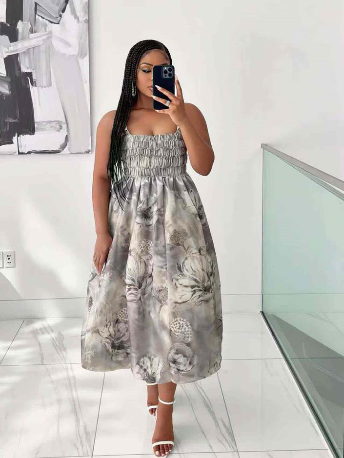 Smocked floral maxi dress with ruffled shoulder straps, sleeveless, gray print