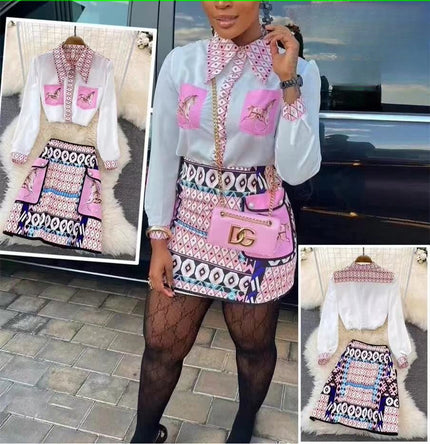 Printed blouse and skirt set with pink horse motifs, bow collar and matching waist tie