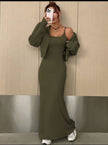 Off-shoulder maxi dress in dark olive green with ruffle sleeves and side slit