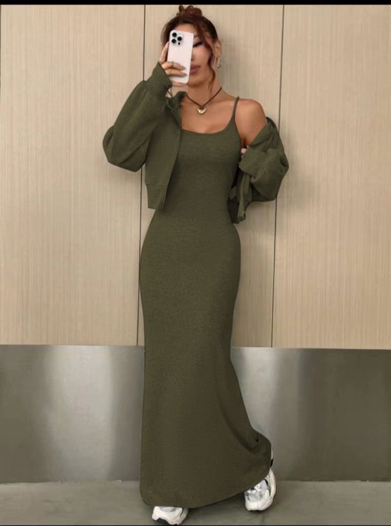 Off-shoulder maxi dress in dark olive green with ruffle sleeves and side slit