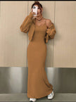 Off-shoulder maxi dress in dark goldenrod with ruffle sleeves and side slit