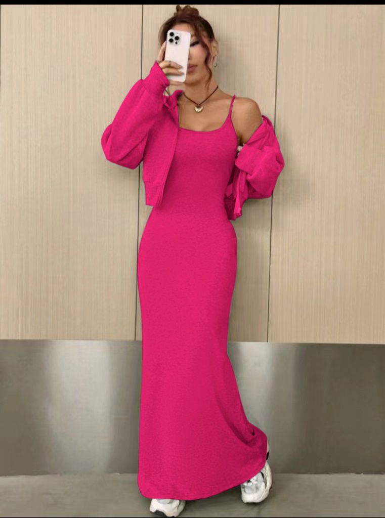 Off-shoulder maxi dress in deep pink with ruffle sleeves and side slit
