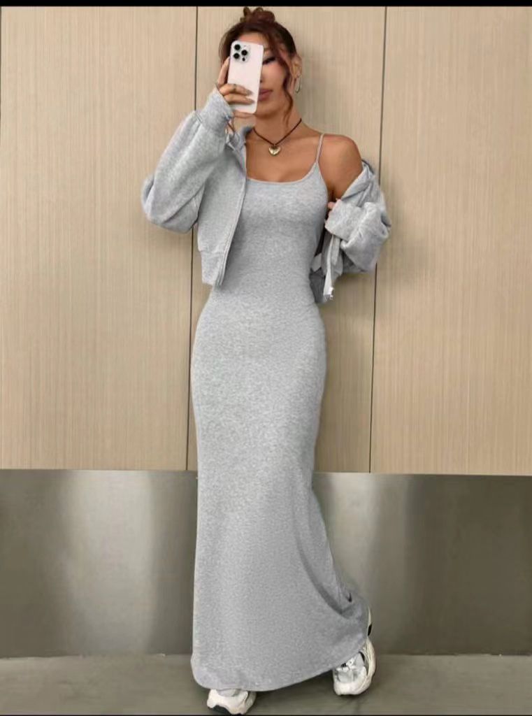 Off-shoulder maxi dress in light gray with ruffle sleeves and side slit