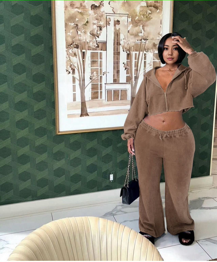 Nude cropped zip hoodie jacket with drawstring hood and matching joggers