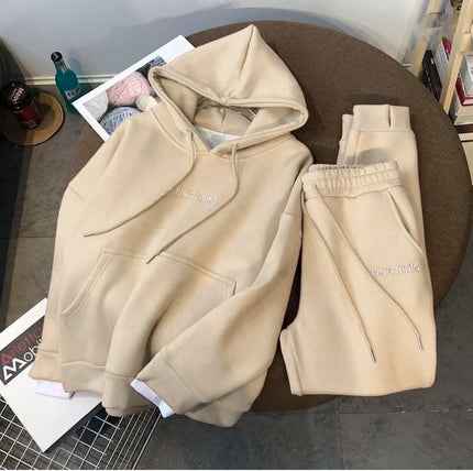 Nude beige hoodie and sweatpants set, folded front with drawstring hood