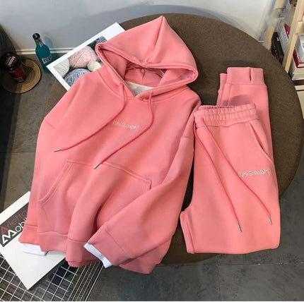 Pink hoodie and sweatpants set, folded front with drawstring hood and pants