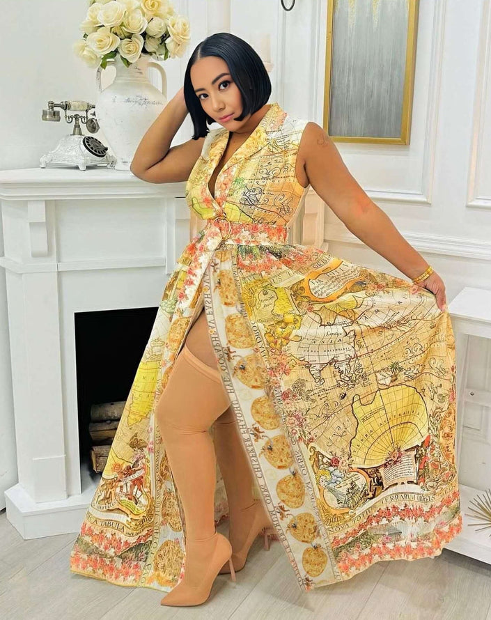Belted A-line dress with vintage map print, sleeveless straps and flared skirt