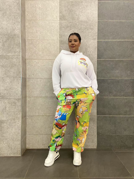 Cartoon hoodie and pants twin set, white hooded hoodie with drawstring; multicolor cartoon joggers