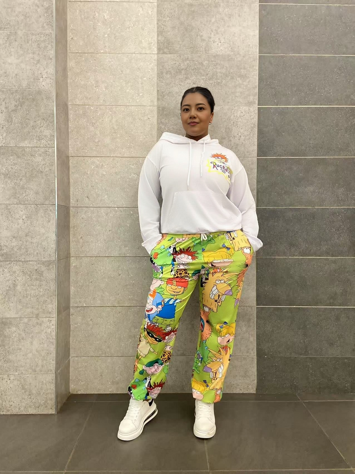 Cartoon hoodie and pants twin set, white hooded hoodie with drawstring; multicolor cartoon joggers