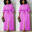 Simple Mid-Sleeve Belted Long Dress