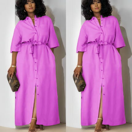 Simple Mid-Sleeve Belted Long Dress