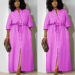 Magenta belted midi dress with short sleeves and button-front placket