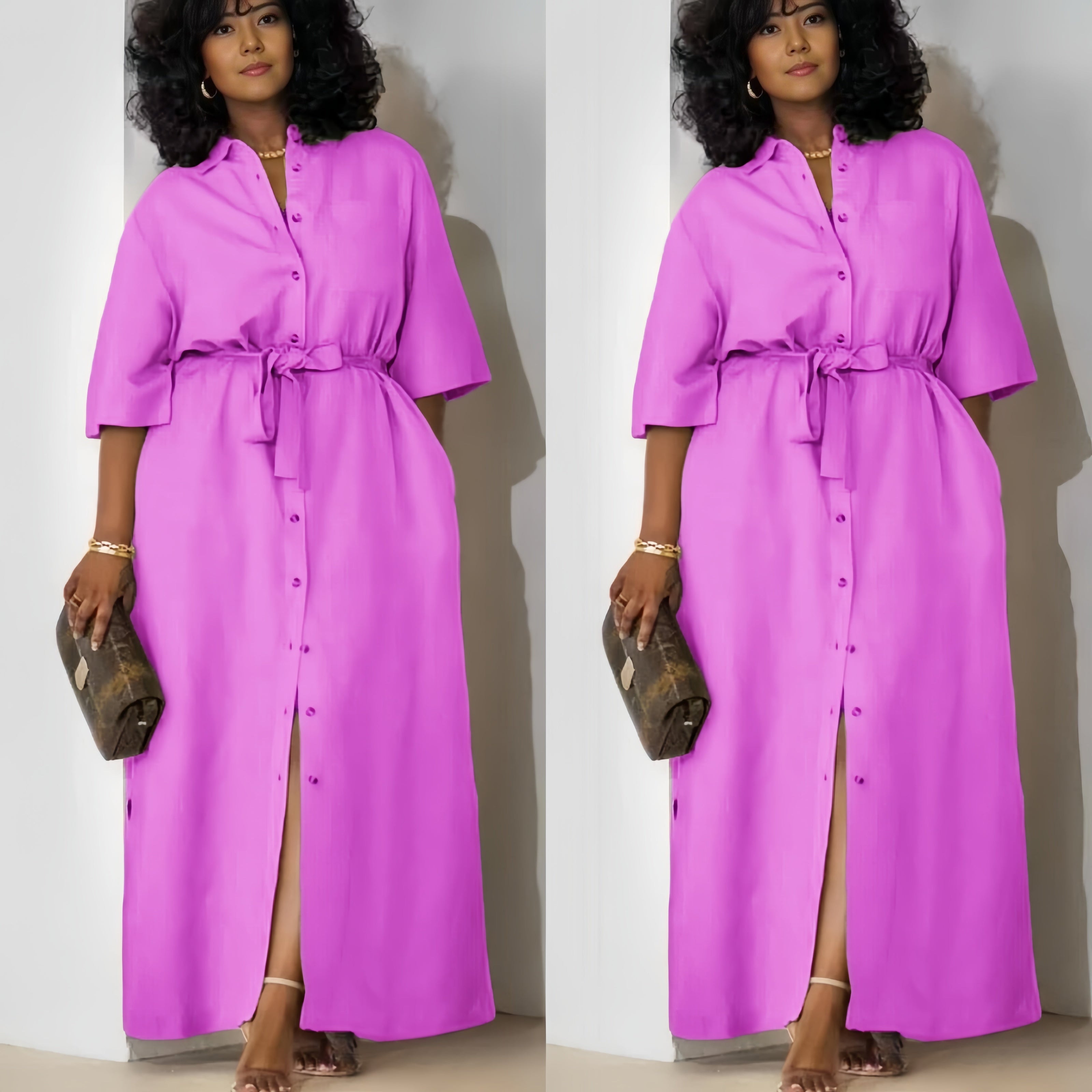 Magenta belted midi dress with short sleeves and button-front placket