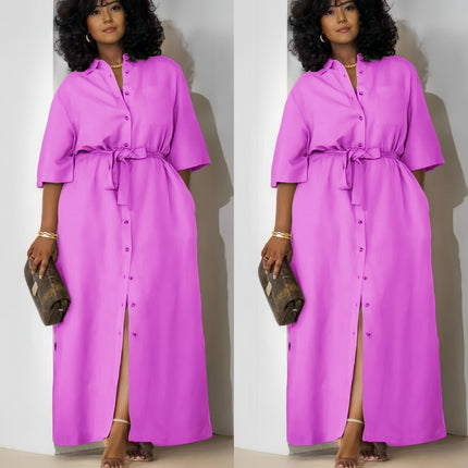 Magenta belted midi dress with short sleeves and button-front placket