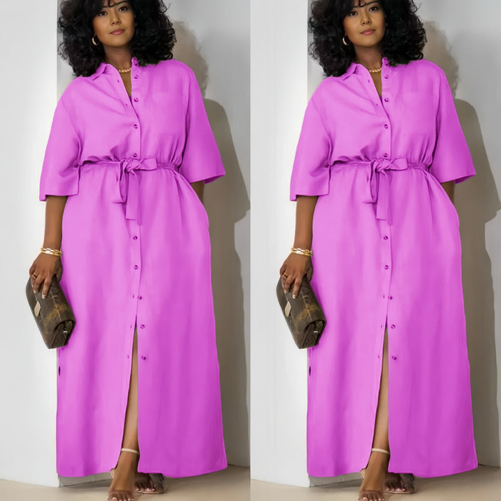 Magenta belted midi dress with short sleeves and button-front placket