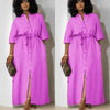 Magenta belted midi dress with short sleeves and button-front placket
