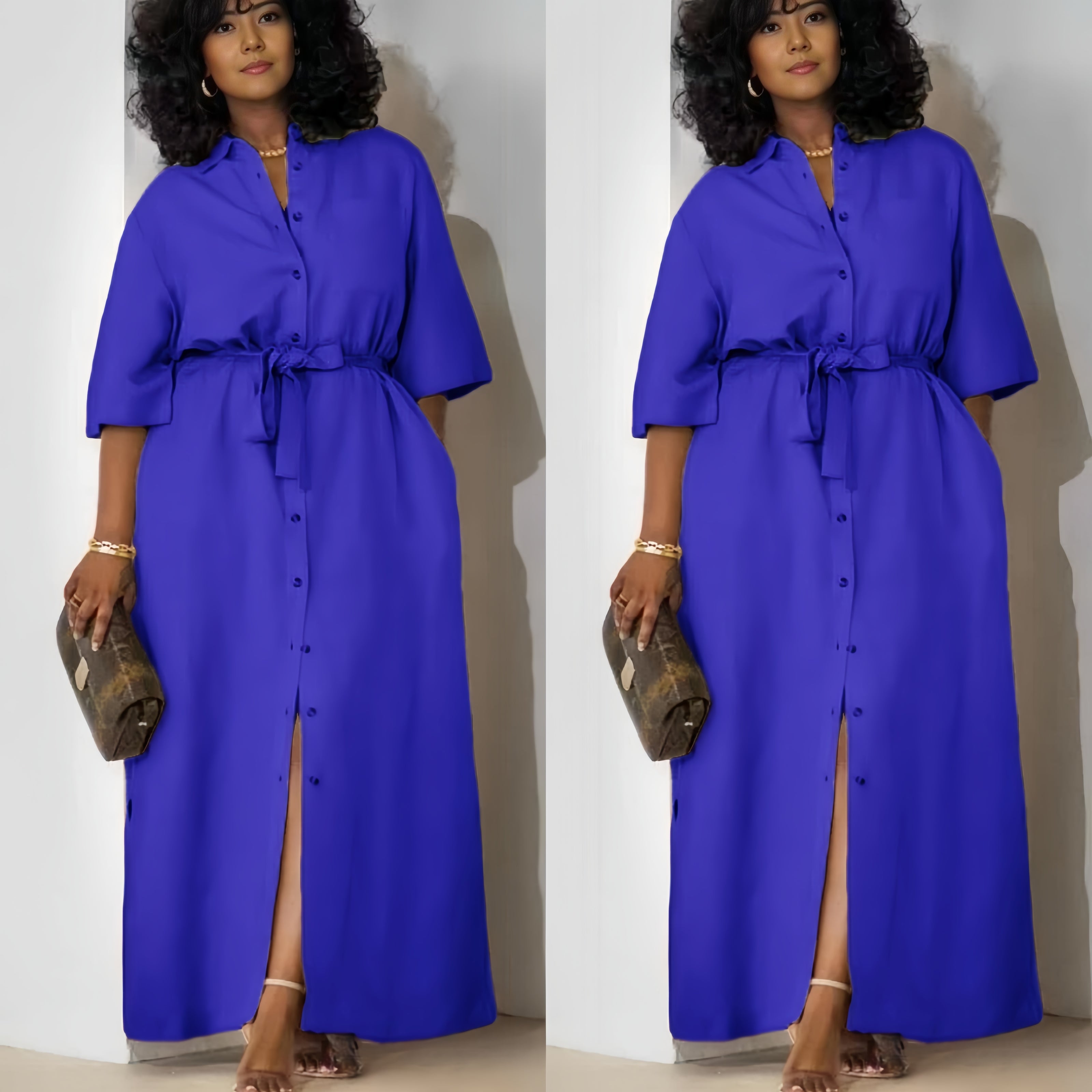 Simple Mid-Sleeve Belted Long Dress