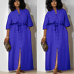Blue belted midi dress with short sleeves and button-front placket