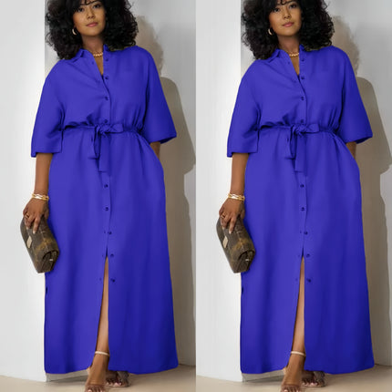 Blue belted midi dress with short sleeves and button-front placket
